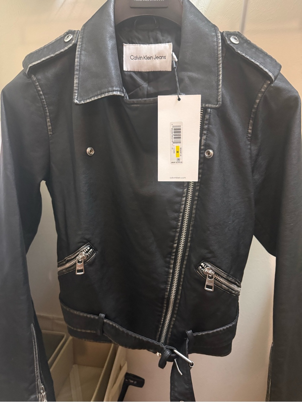Calvin Klein Jeans Black Faux Leather Moto Biker Jacket Belted Size M NWT